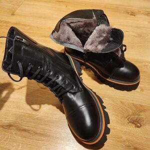 Women's Black real leather Winter Boots with genuine Fur Lining orange NEW sz 8